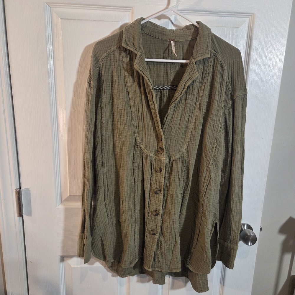 Free People Olive Green Textured Blouse